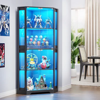 The Range BROTTAR Corner Display Cabinets with Glass Doors and 3 Color LED Lights - Black