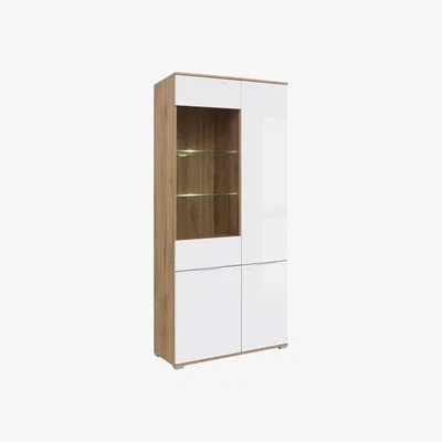 The Range Zele Glass Display Cabinet with LED Lights - Modern White Gloss - Oak
