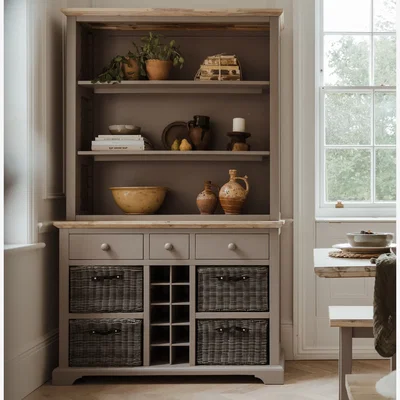 The Range Florence Display Cabinet with Shelves, Storage Baskets, Drawers and Wine Rack - Dove Grey - Dove Grey