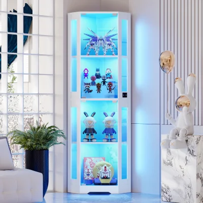 The Range BROTTAR 65" Corner Glass Display Cabinet with LED Lights, 4-Tier Showcase Displa - White