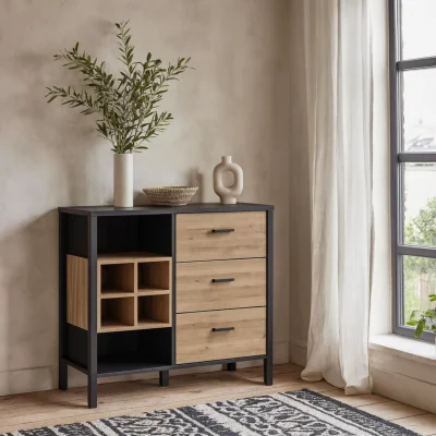 The Range Yokohama 3 Drawer Display Chest Matt and Riviera - Matt Black and Riviera Oak