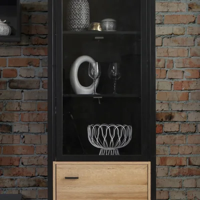 The Range High Rock Wide Display Cabinet in Matt Black/Riviera Oak - Black & Riviera Oak