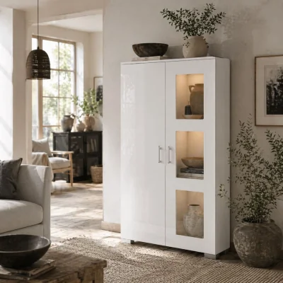 The Range Sora Coma High Gloss and Matte White Tall Display Cabinet with LED Lighting