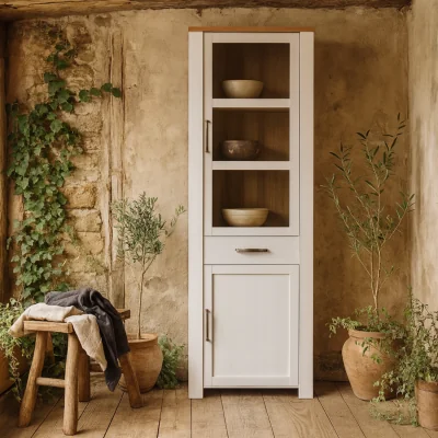 The Range Bramblecroft Tall Narrow Display Cabinet, White and Natural Oak, 2 Doors 1 Drawer - White and Natural Oak