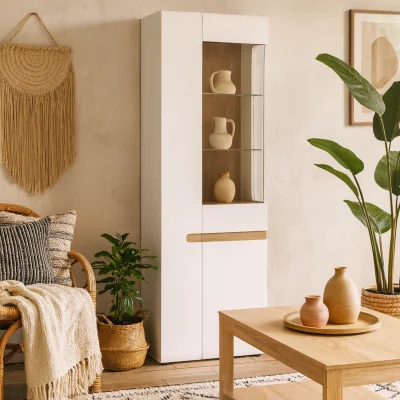 The Range Foxwhisk Tall Glazed Narrow Display Unit and Truffle Left Hand - White and Truffle Oak