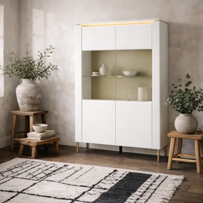 The Range Maribo Gloss White 2-Door Display Cabinet with Gold Metal Legs and Integrated Lighting - White