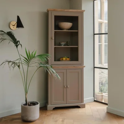 The Range Florence Corner Display Cabinet with Glass Top and Cupboard - Dove Grey - Truffle