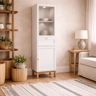 The Range Niva Light Grey and Natural Oak Display Cabinet with LED, 2 Doors 1 Drawer - Light grey with natural oak effect