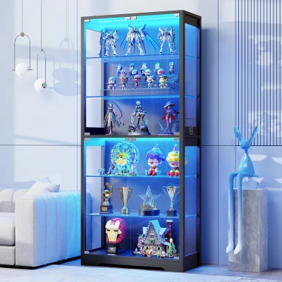 The Range Display Cabinet with Glass Door, 6-Tier 71" Curio Cabinet with 3 Color Lights, D - Black