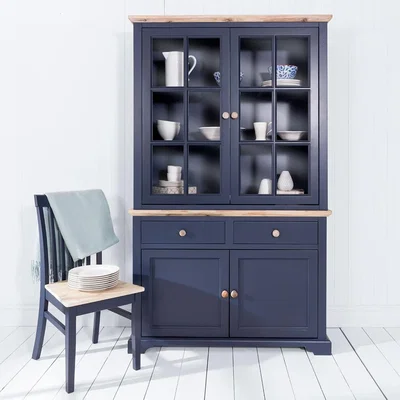 The Range Florence Glass Door Display Cabinet with Cupboard and Drawers - Dove Grey - Navy Blue
