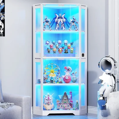 The Range BROTTAR Corner Display Cabinets with Glass Doors and 3 Color LED Lights - White
