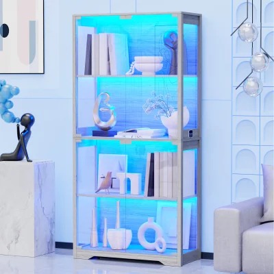 The Range Display Cabinet with Glass Doors, 4-Tier Curio Cabinet with 3 Color Lights - Grey