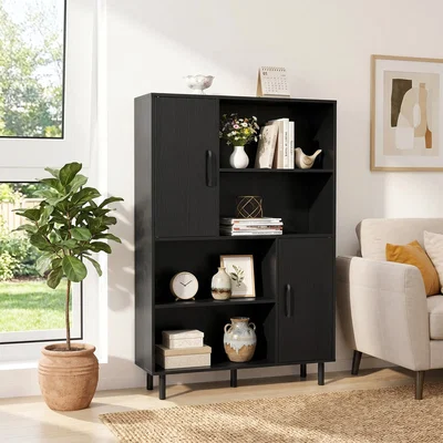 The Range Cube Storage Cabinet Side Display Bookcase with Doors Open Shelves-Black - Black