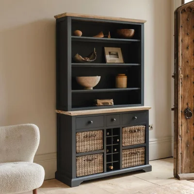 The Range Florence Display Cabinet with Shelves, Storage Baskets, Drawers and Wine Rack - Dove Grey - Navy Blue