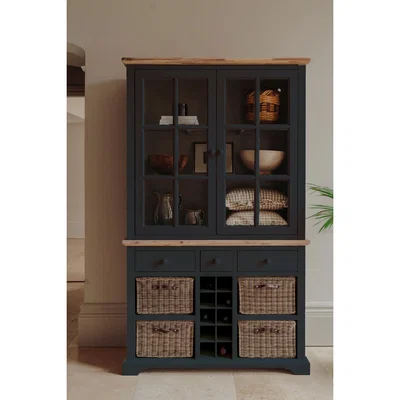 The Range Florence Glass Door Display Cabinet with Storage Baskets, Drawers and Wine Rack  - White - Navy Blue