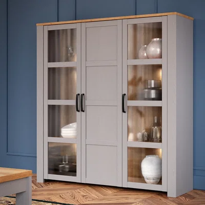 The Range Bohol 3 Door Large Display Cabinet - Riviera Oak & Grey Oak