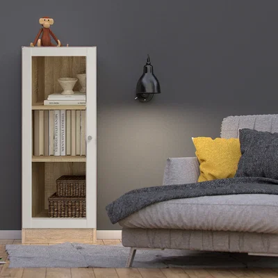 The Range Basic Low Narrow Display Cabinet (2 Shelves) with Glass Door - Oak with White Door