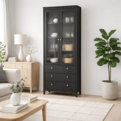 The Range Gossmere Matt Display Cabinet 2 Glazed Doors 3 Drawers - Deep matt black
