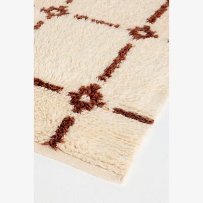 Anthropologie Neutral Grid Handwoven Cotton Wool Blend Shag Geometric Rug