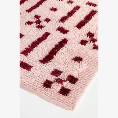 Anthropologie Pink Grid Handwoven Cotton Wool Blend Shag Geometric Rug
