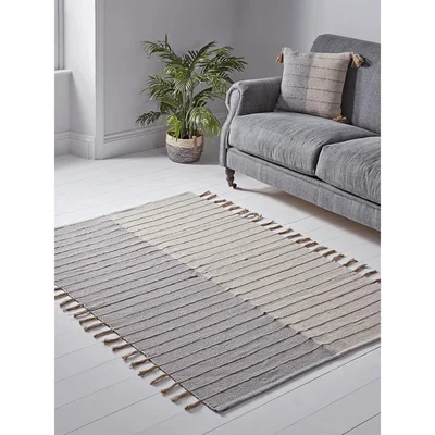 Cox and Cox Striped Tasseled Woven Cotton Rug - Blue