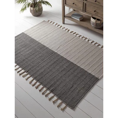 Cox and Cox Striped Tasseled Woven Cotton Rug - Black