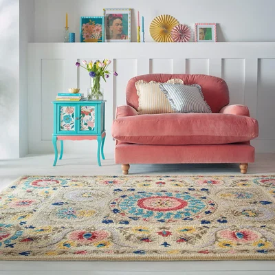 Dunelm Hani Floral Wool Rug MultiColoured