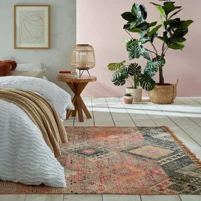 Dunelm Kennedy Cotton Flatweave Rug Pink, Yellow and Black