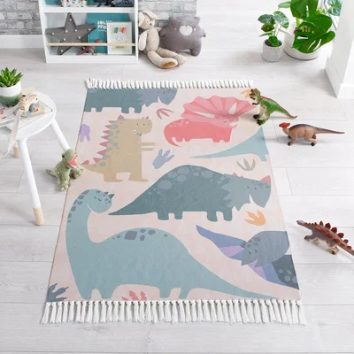 Dunelm Walk The Dinosaur Washable Rug MultiColoured