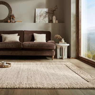 Dunelm Pebble Wool Border Rug Pebble Cream