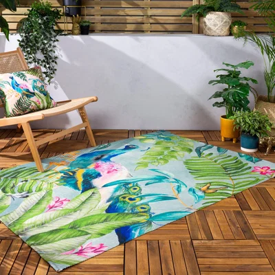 Dunelm Wylder Tropics Peacock Washable Indoor Outdoor Rug Green/Blue/Pink