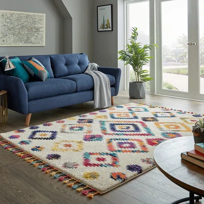 Dunelm Zumra Berber Rug Pink, Blue and Yellow