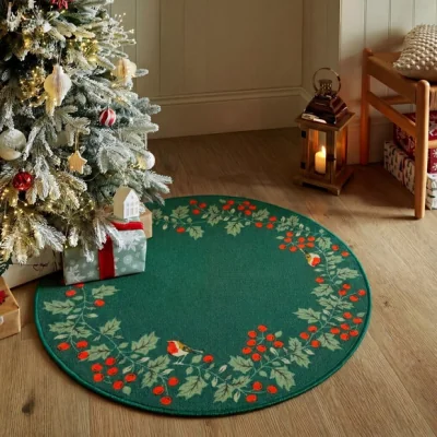 Dunelm Holly Wreath Washable Round Rug