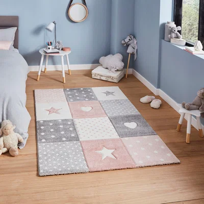 Dunelm Pink Stars, Hearts and Polka Dot Rug Pink, Grey and White