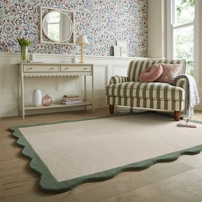 Dunelm Bonnie Scallop Sage Border Wool Rug Sage
