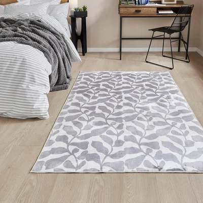 Dunelm Folia Leaf Washable Rug Grey