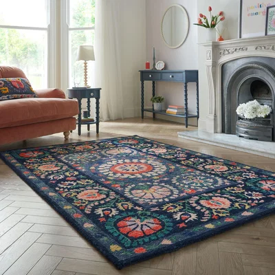 Dunelm Hani Floral Wool Rug Navy