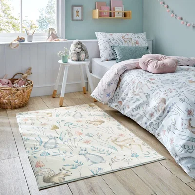 Dunelm Woodland Animals Washable Faux Fur Rug MultiColoured
