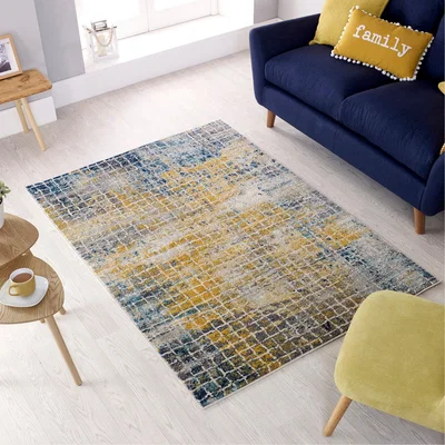Dunelm Urban Abstract Rug Blue, Yellow and Grey