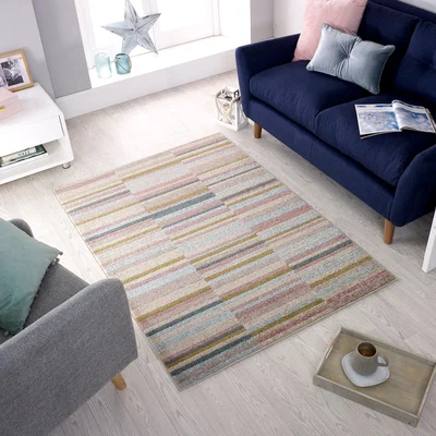 Dunelm Urban Lines Geometric Rug Pink, Blue and Yellow