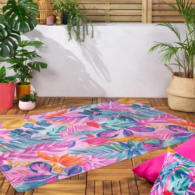 Dunelm furn. Psyc Jungle Pink Washable Indoor Outdoor Rug Pink/Yellow/Green