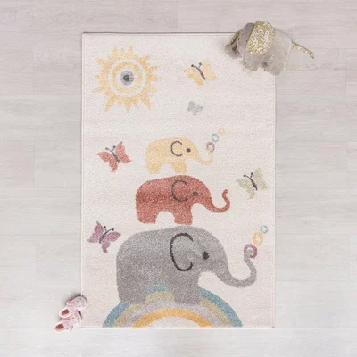 Dunelm Multicoloured Elephants Rug Grey, Brown and Yellow