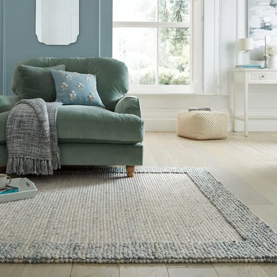 Dunelm Pebble Wool Border Rug Pebble Ashley Blue