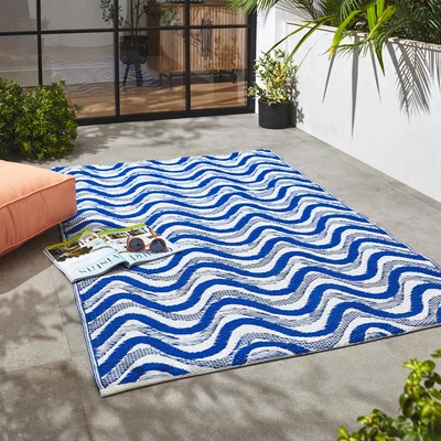 Dunelm Blue Waves Indoor Outdoor Plastic Rug Blue