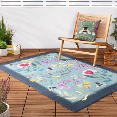 Dunelm Wildflower Bee Washable Indoor Outdoor Rug MultiColoured