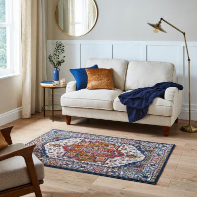 Dunelm Traditional Brights Rug Blue/Cream/Orange