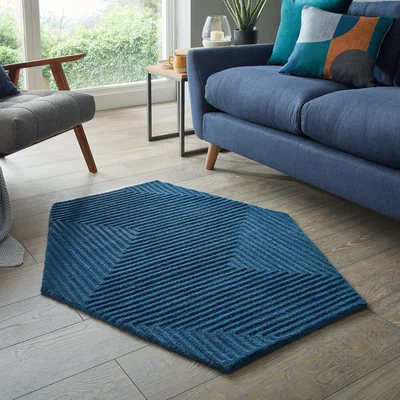 Dunelm Maze Indigo Wool Hexagon Rug Navy