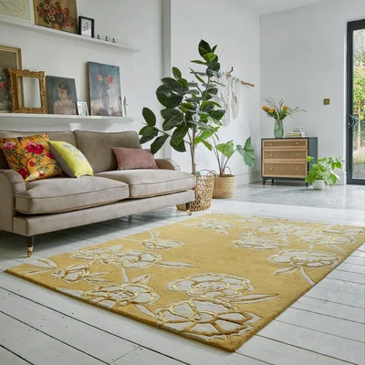Dunelm Fleur Floral Wool Mix Rug Yellow