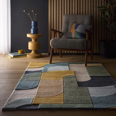 Furniture123 Large Geometric Blue Rug - 290 x 200 cm - Retro Deco - Origins