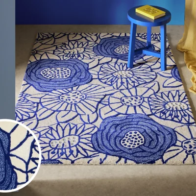 Habitat Habitat Scandi Floral Blue Wool Cut Pile Rug - 120x170cm